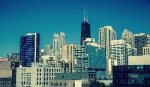A view of a city with tall buildings.