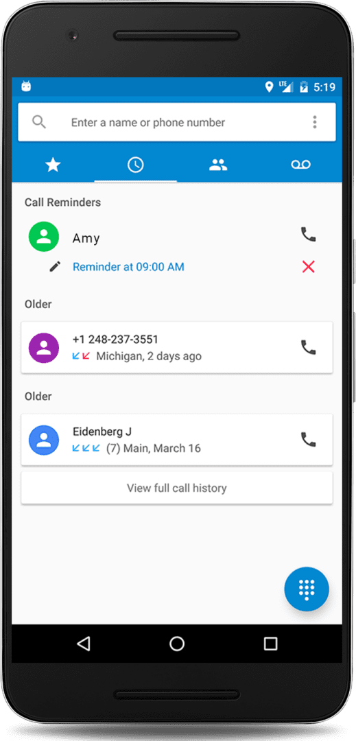 Call reminders section on the mobile view